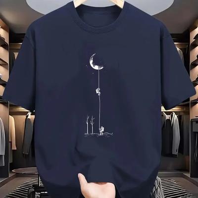 Sommer Herren T-Shirt 100% Lässig Locker Übergroß Mondlandung Muster Bedruckte T-Shirts Rundhals Kurzarm T-Shirt Tops T