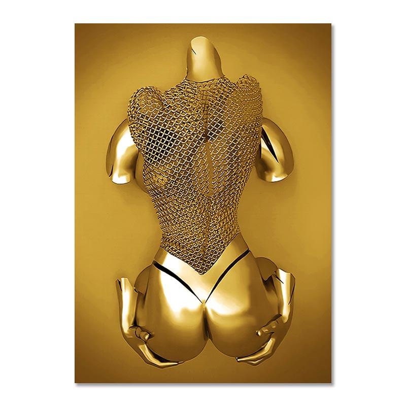 Metal Figure Statue Art Canvas Painting Golden Modern Lovers Sculpture Poster and Print Wall Pictures for Living Room Home Decor