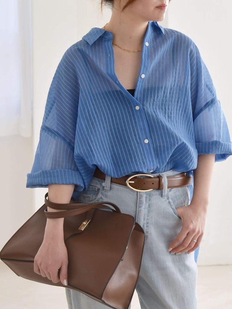 Hand Washable Sheer Striped Border Big Shirt 611110027 Blue One Size [Caranciel]