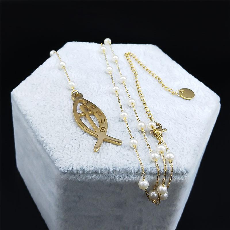 Cross Rosary Catholic Multilayer Necklace Saint Benedict Medal Beads Stainless Steel Silver Color Long Necklaces Jewelry N1172S0