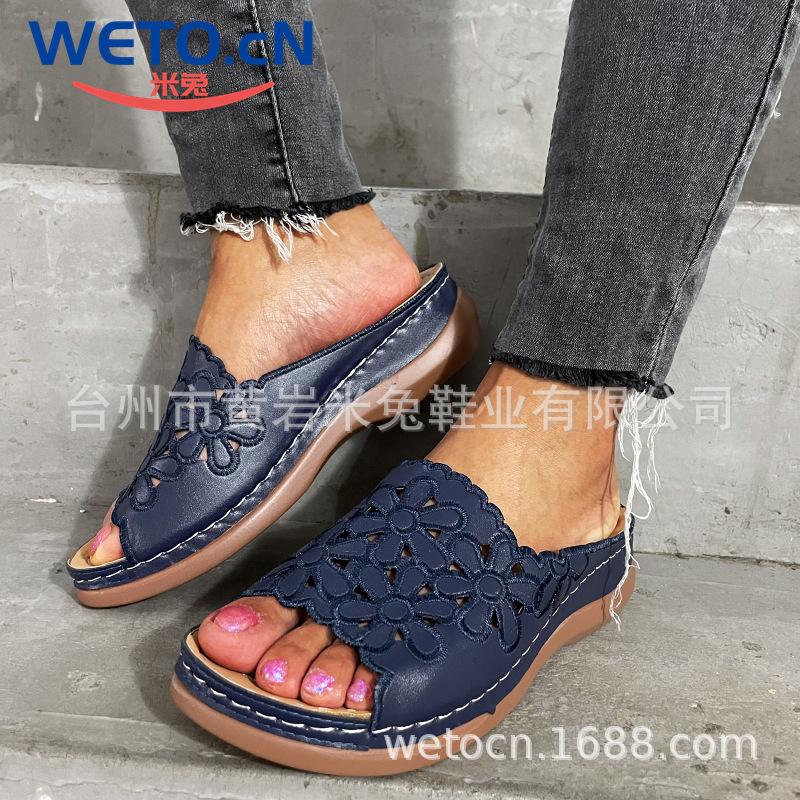 

Casual outer wear sandals women s large size wide bottom breathable carved fish mouth shoes thick-soled wedge heel slippers 35