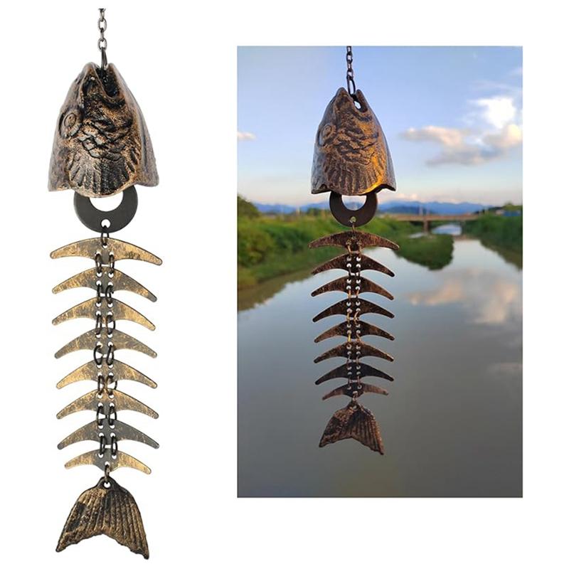 2PCS Fish Windchime,Fish Skeleton Windchime,Fish Bone Cast Iron Wind Chimes Vintage Metal Wind Chimes Outdoor Soothing Dura