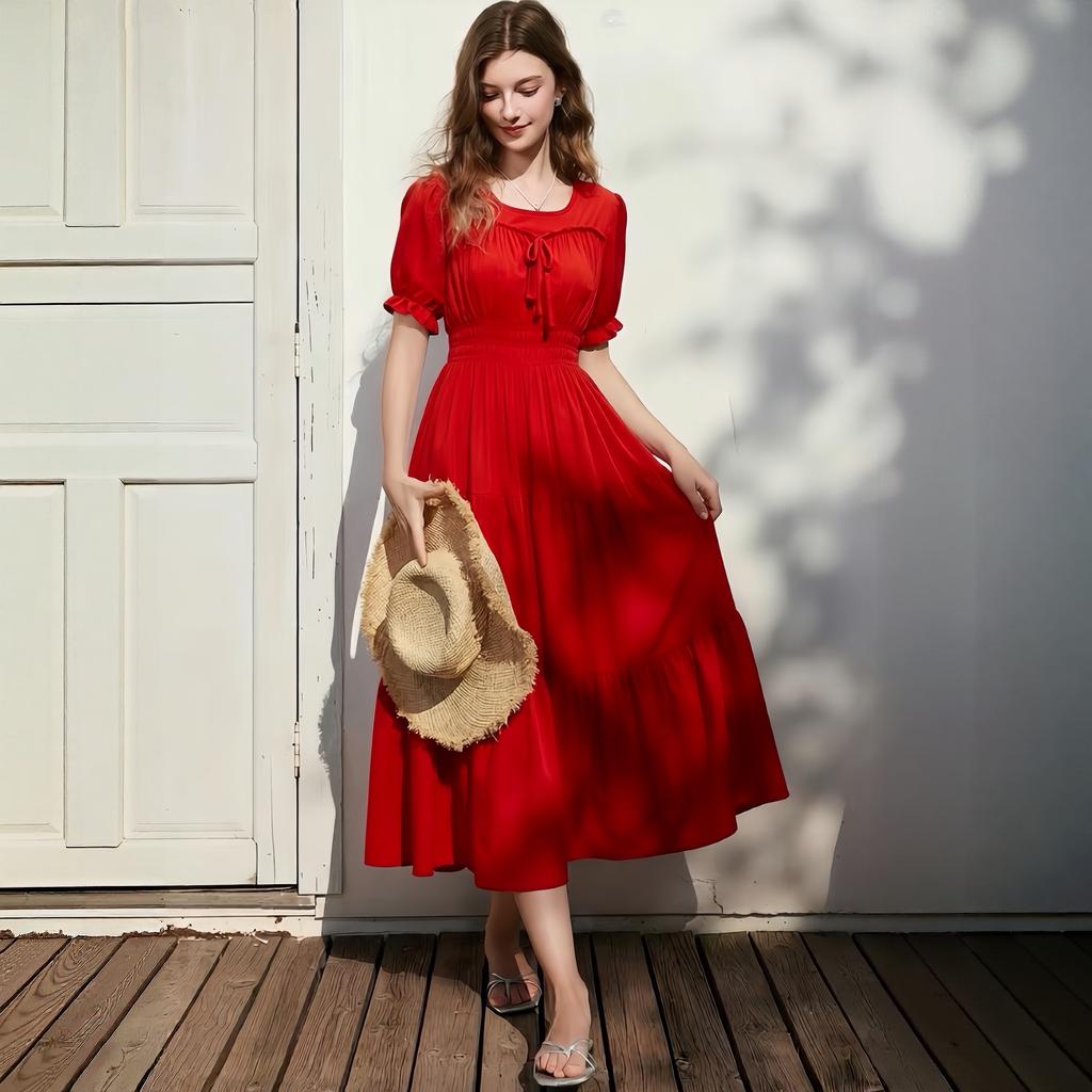 Summer Fashion Poly-cotton Square Collar Short-sleeve Midi Dress for Women Solid-color Puff Sleeve Ruffled Splice A-line Vacation Beach Dress