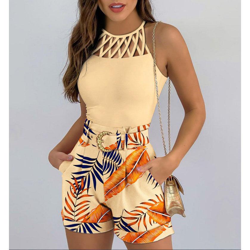 Summer Women's 2-piece Set Tank Tops Hollow Out Beach Slim Short Top Shorts Print Casual Hollow Sleeveless Vest Two Piece Suit