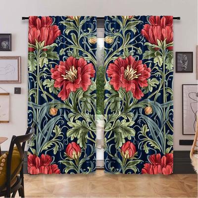 2Pcs Boho Watercolor Floral And Leaves Symmetry Curtain Suitable For Bedroom Kitchen Dining Room Living Room Study Office