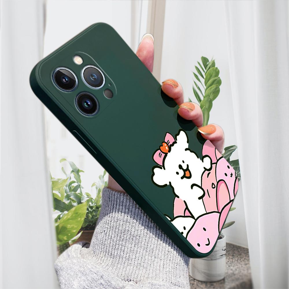 Cute Bow Puppy Phone Case for iPhone 15 14 13 12 11 Samsung Galaxy A12 A52 S24 S23 Xiaomi POCO Redmi Soft Square Liquid Silicone Cover Casing