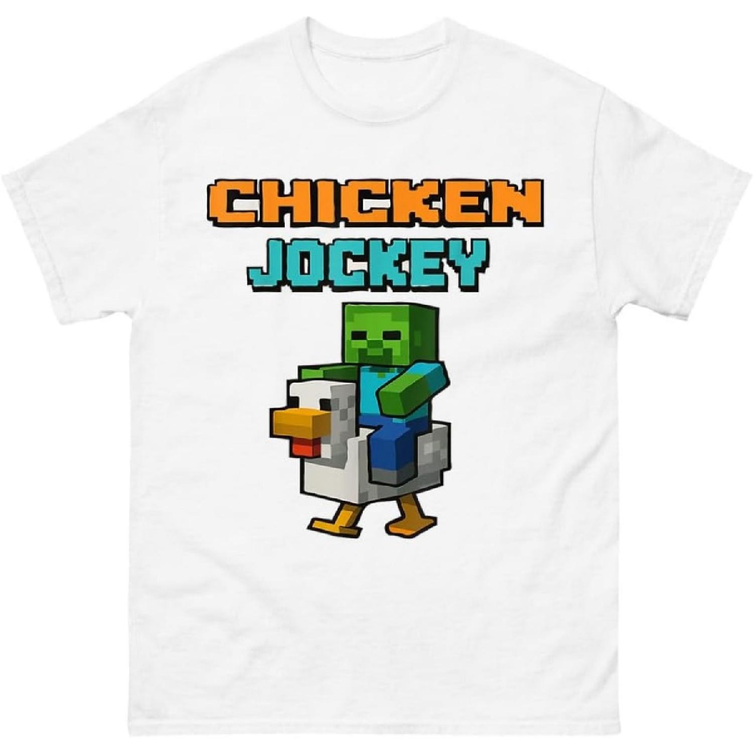 Chicken Jockey Shirt – Funny Pixel Zombie Riding Chicken Tee – Retro Block Style Video Game Gift S