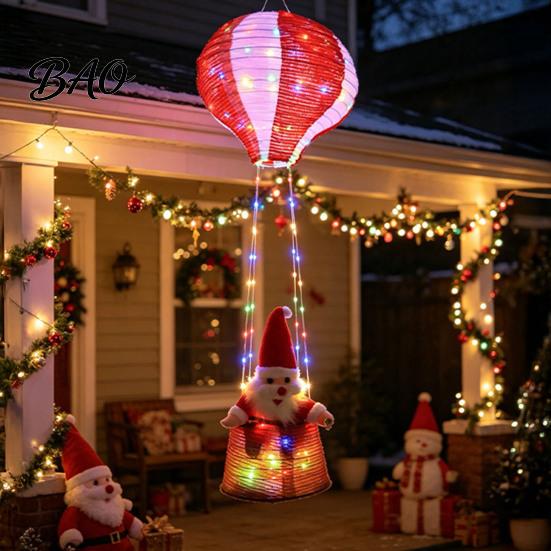 Colorful Party Atmosphere Lights Christmas Santa Claus Hot Air Balloon Lantern, Lighted Outdoor Decoration with Reusable Supplies LED String