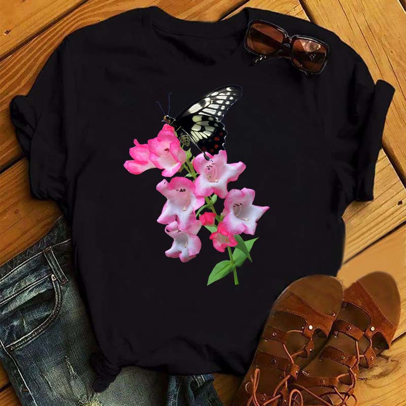 Women Flower Butterfly Fashion Print T Shirt Casual Short Sleeve Ladies T Tee Female Top Shirt Clothes Womens Graphic T-shirt