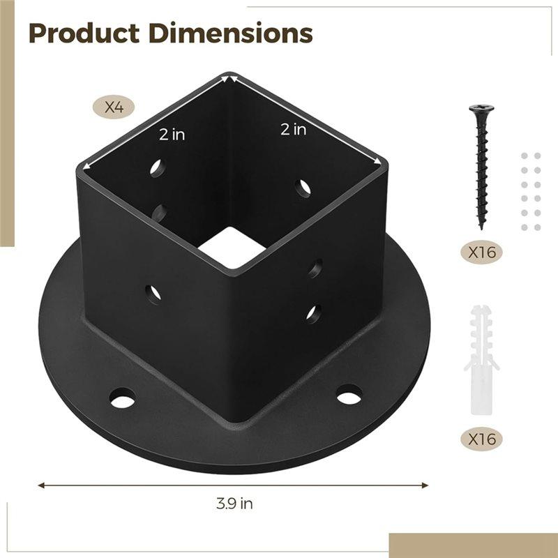 Black Metal Square Post Flange Base Anchors 4 Pcs 2X2 Deck Fence Rail Floor Mount Brackets, Heavy Duty