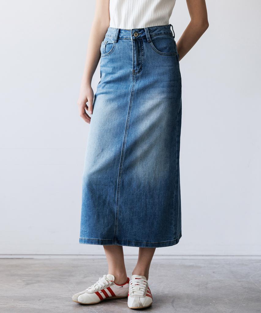 HYFVE Cotton Back Slit Washed Denim Long Skirt