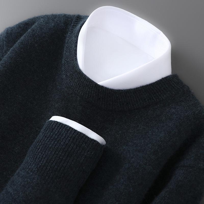 Men's 100% Australian Wool Round Neck Sweater - Casual Business Knitwear for Autumn/Winter