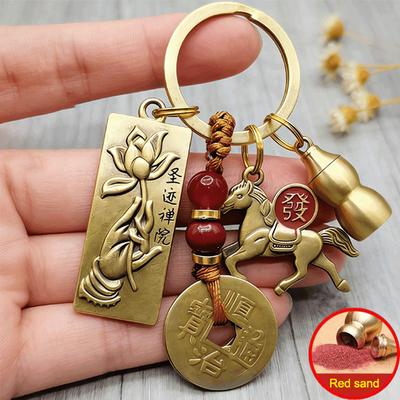 Chinese Style Lotus Buddha Hand Twelve Zodiac Brass Gourd Car Keychain Metal Pendant Couple Car Key Chain New Year Gift