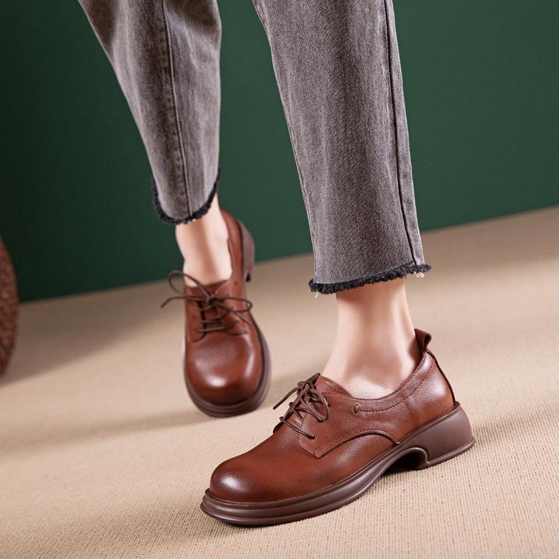 First layer cowhide loafers women's spring and autumn new lace-up retro British style single shoes small leather shoes women's shoes