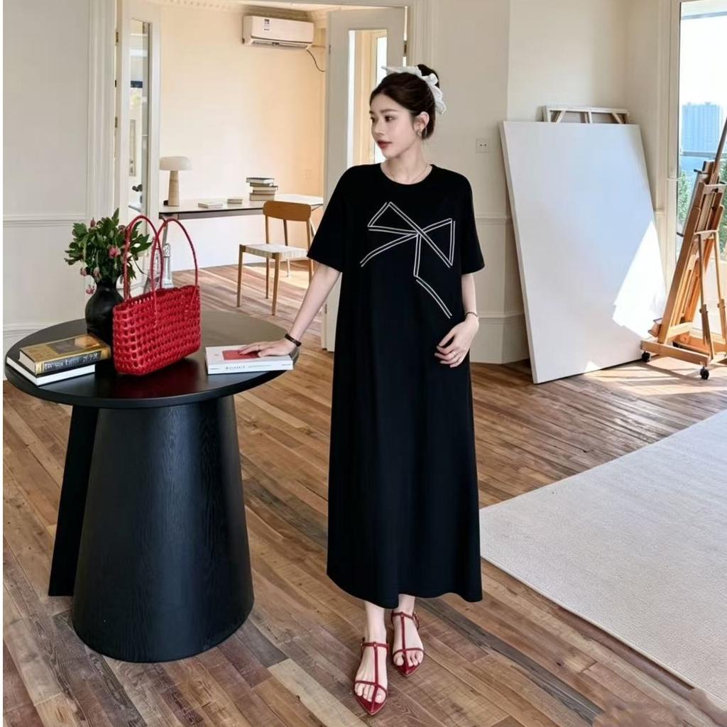 2026 Korean High-end Printed T-shirt Skirt Women's Summer Plus Long Over-knee Loose and Thin Lazy Dress Long Dress