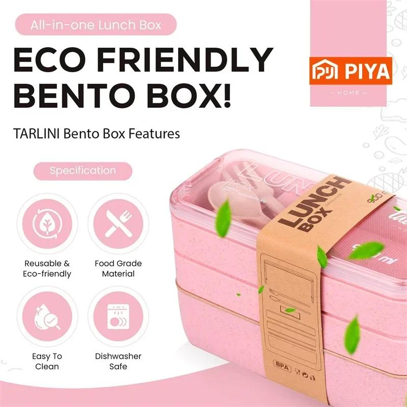 3-v-1 Přihrádkový pšeničný slámový bento box Opakovaně použitelný jídelní nádobí Nádoby na oběd Nádoby na jídlo a svačinu Přenosný obědový box