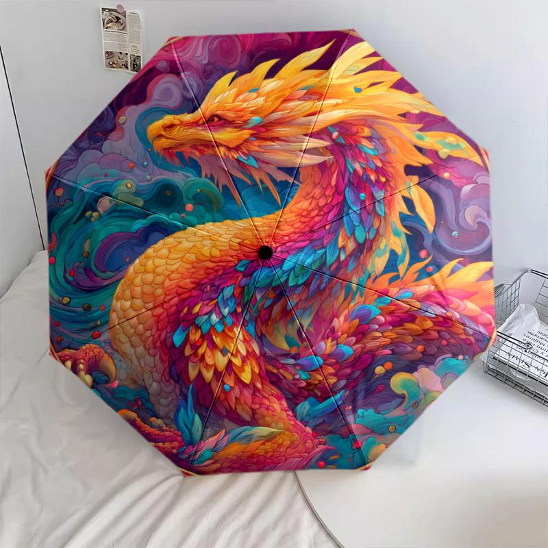 Dragon with Colorful Wings pattern, automatic folding umbrella, portable and foldable design, 8 ribs, a Christmas or birthday gift.