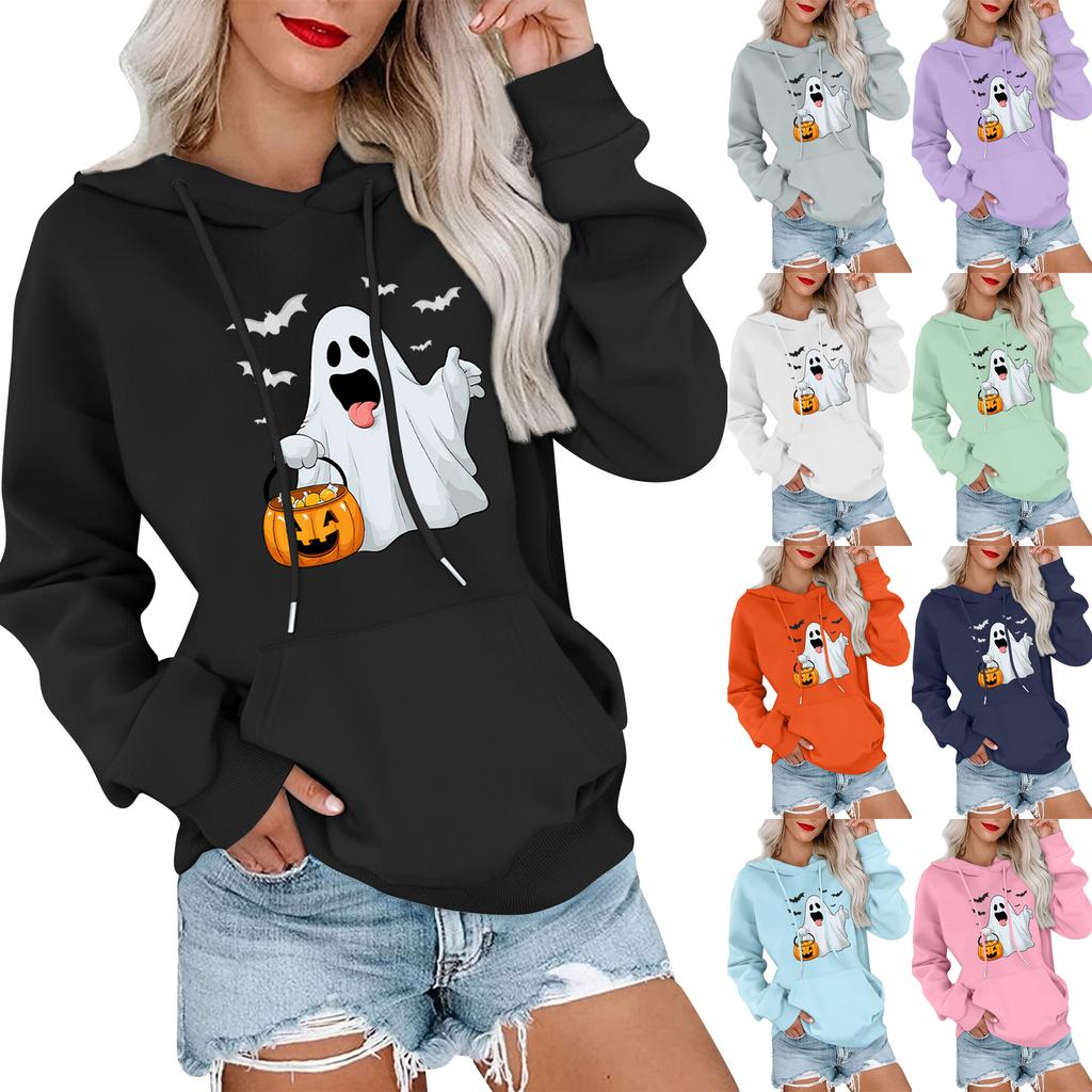 Dámský módní, ležérní, pohodlný svetr s kulatým výstřihem, s kapucí, s dlouhým rukávem, s halloweenským potiskem, hřejivý