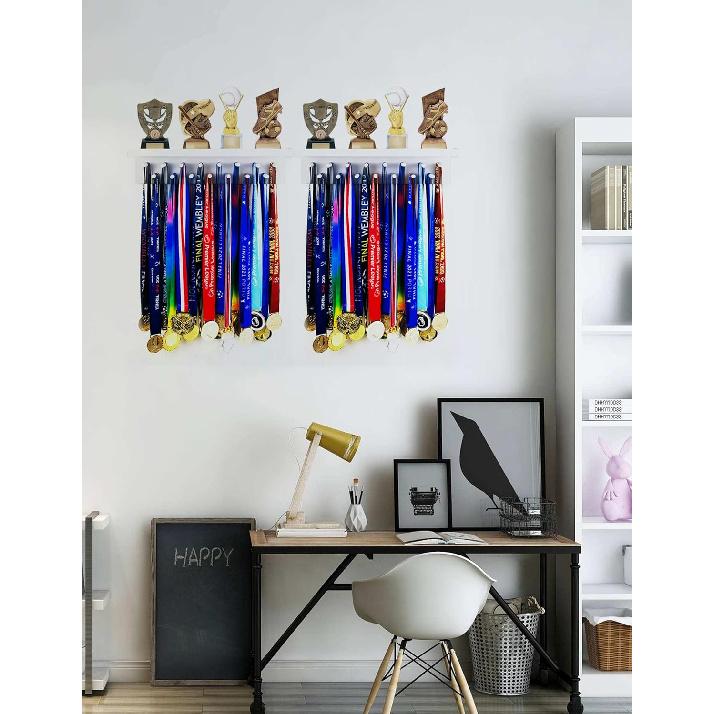 Trophy Medal Holder Display 16.9" Long Wooden Trophy Shelf Rack Medal & Trophy Holder 15 Hooks Hanger with Shelf Medal Holder with Wooden Trophy