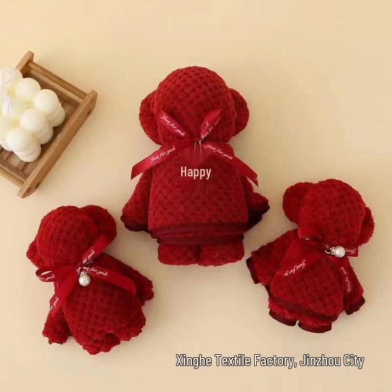 Red Plaid Little Bear Coral Fleece Wedding Favor Towel Gift Box