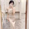 Women's Satin One Shoulder Dress Slit Waist Mermaid Formal Evening Gown