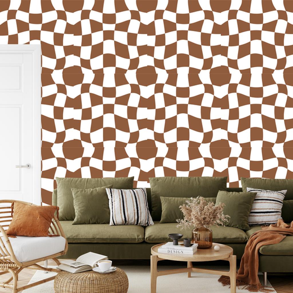Wallpaper Casual Checkerboard Orange, White and Beige 50x1000