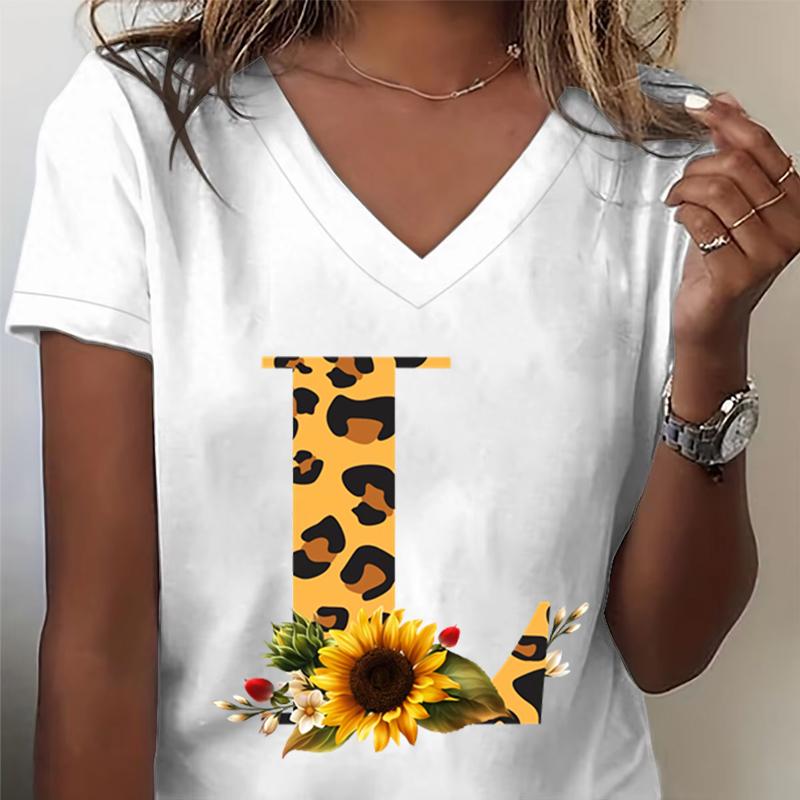 Unisexs Vneck Tshirt Sunflower Leopard Print Letter R Graphic Tee Watercolor Flower Leopard Print Tshirts Az 26 Alphabet Top