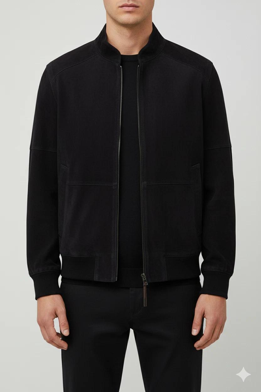 

Мужская черная куртка-бомбер ручной работы из замшевой кожи ягненка, мотоциклетная, приталенного кроя S чёрный