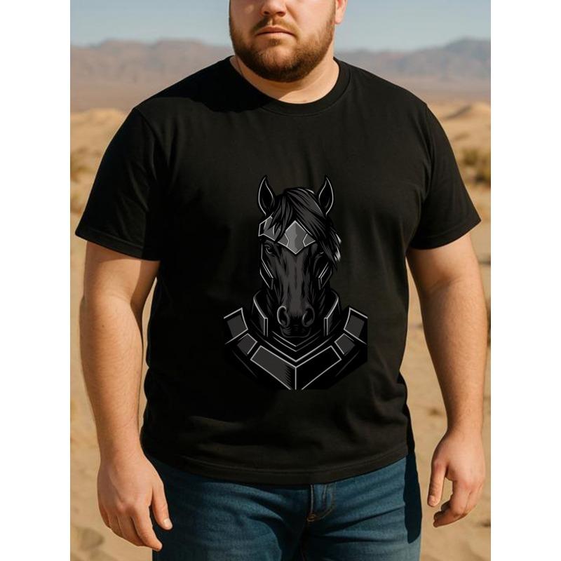 

Men S Short-Sleeved T-Shirt Featuring a Printed Black Horse Portrait, Designed for Casual Summer Wear. This Loose-Fitting Round-Neck Top Is Perfect 4XL чорний