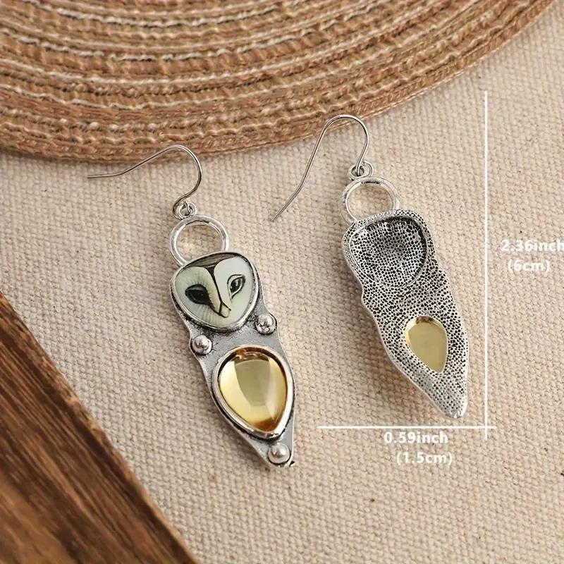 Retro Silver Barn Owl Dangle Earrings Natural Yellow Citrine Inlay Daily Wear Party Gift For Womenn