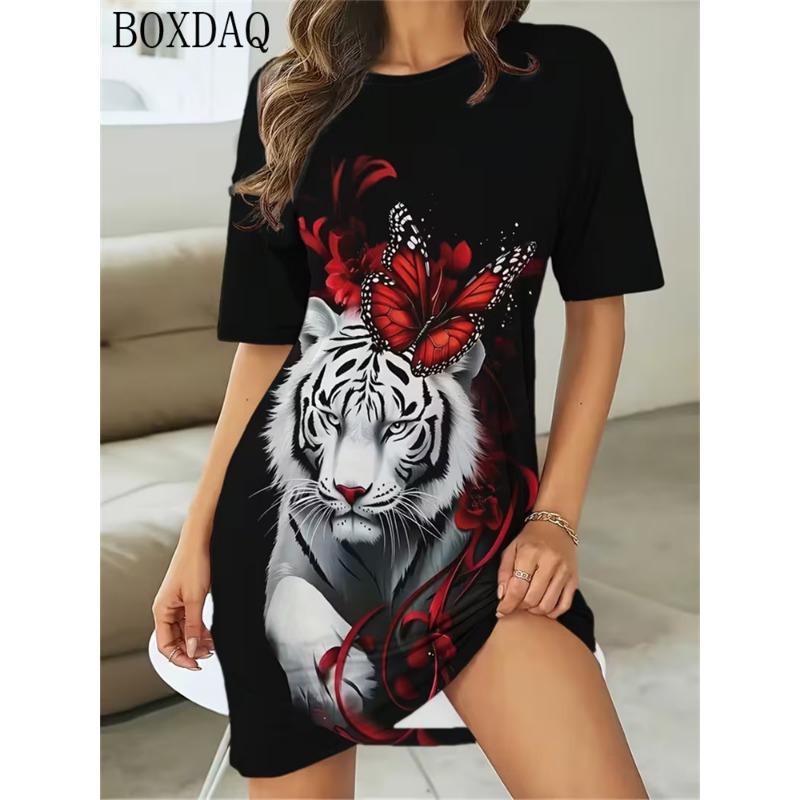 Summer Women's Dresses Casual Short Sleeve Round Neck Tiger Pattern Printed Loose Dress