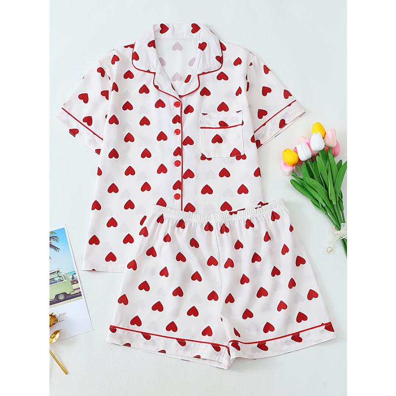 Summer Women Short Sleeve Top and Shorts 2 Piece Set Pajamas Female Fashion Casual Loose Sleepwear Bow Print Cardigan Pyamas Set