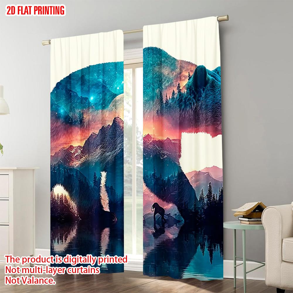 2pcs   plane printing Minimalist Curtains black bear Durable 100% Polyester Fabric (without rod) Decorations Inside Perfect for