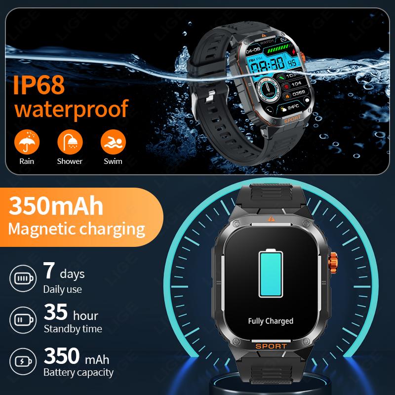 Military Flashlight Smart Watch Waterproof Heart Rate Fitness Sports Call Reminder Smartwatch For IOS Android Phone