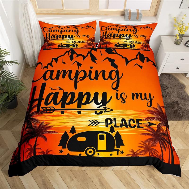 Camping Bettbezug Mikrofaser Galaxie Sterne Mond Happy Camping Bettdeckenbezug Camper Truck Geometrie Berg Bäume Bettwäscheset