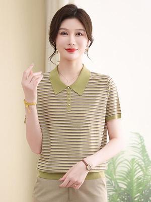 Stylish Striped Knit T-Shirt for Middle-Aged Women: Short-Sleeve 2026 Trendy Top for Moms