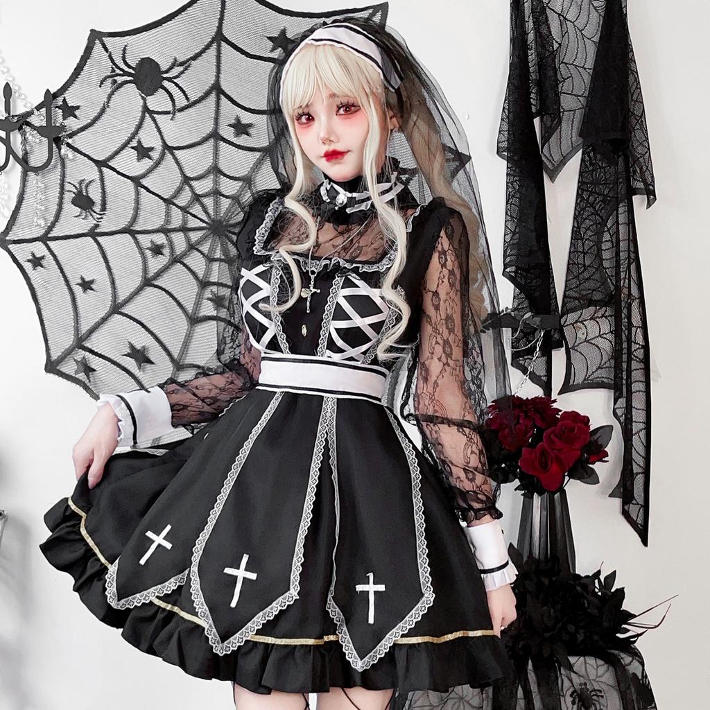 Halloween Costume Cross Nun Costume Vampire Dark Goth Ghost Dress Carnival Costume