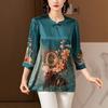Retro Women's Silk Blouse Spring Summer Printed Round Neck Pullover Silk Blouse