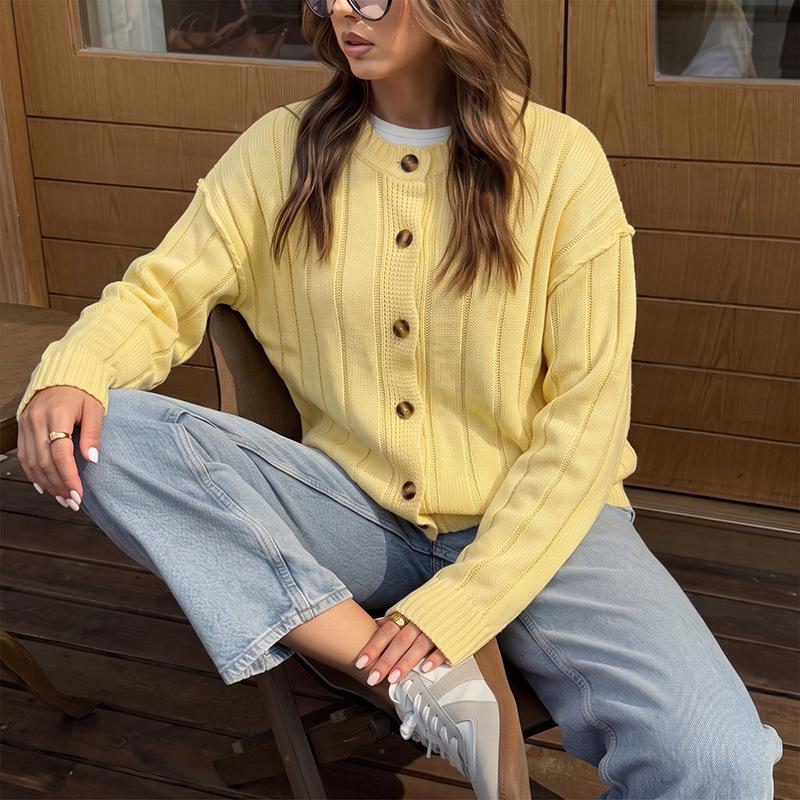 2026 Winter New Pure Color Round Neck Knit Cardigan - Women's Trendy Button-up Sweater