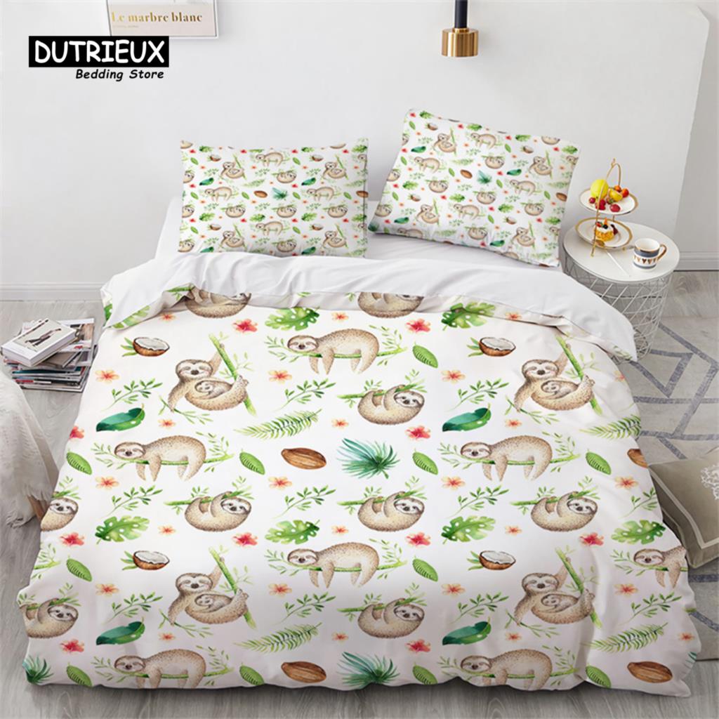 Niedlicher Faultier Bettbezug Einzelbett Cartoon Tier Bettwäsche Set Mikrofaser Floral Blätter Steppdeckenbezug Für Teenager Mädchen Jungen Kawaii Raumdeko