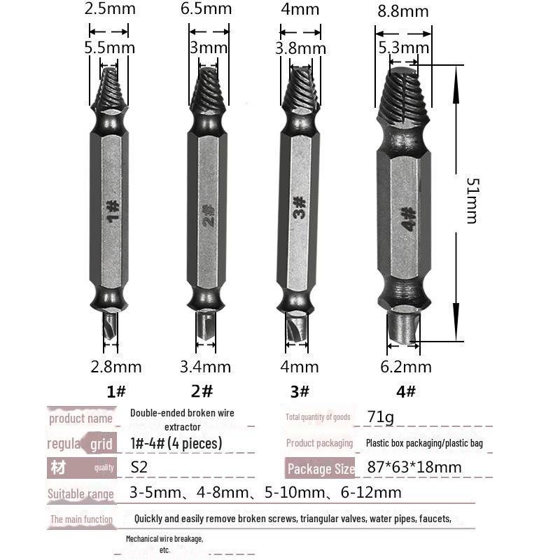 

Двусторонняя отвертка-экстрактор для извлечения сорванных или сломанных винтов.