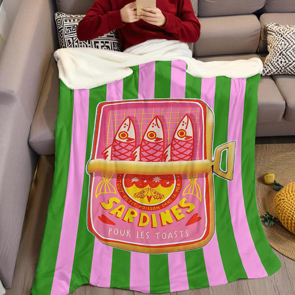 Sardines green pink stripe Flannel Blanket Warm Soft Halloween Christmas Couch Warm Cozy Decorative Decor Gift for All Season