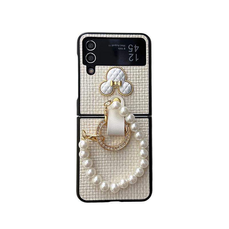Woven Pattern Flip Phone Case for Samsung Zflip5 Folding Screen Pearl Hand Chain Xflip Rhinestone 4 Ring