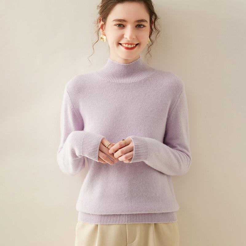 Women's Cashmere Half High Neck Slimming Solid Color Sweater for Autumn/Winter