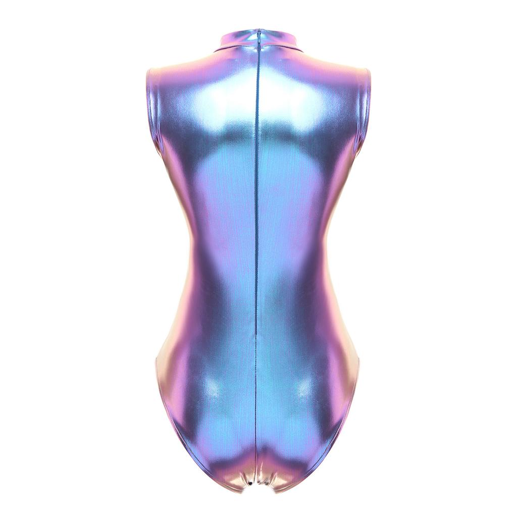 Dámský metalický body s výřezem vpředu, s vysokým límcem, bez rukávů, Catsuit, neviditelný zip vzadu, Leotard