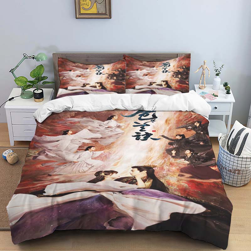 Ancient Chinese fantasy couple print bedding set, three-piece set, duvet cover and pillowcase set, dormitory single and double b