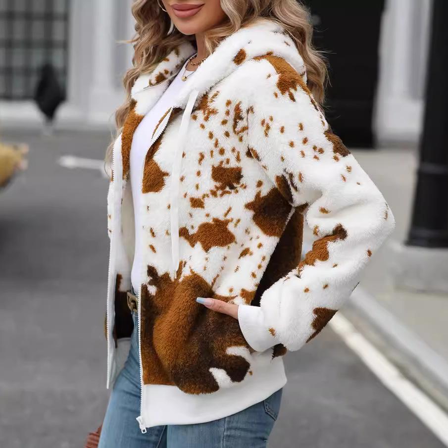 2025 Autumn/winter New Style, Hooded Jacket, Zipper Plush Jacket, Printed Cardigan Jacket, Winter Warm Jacket