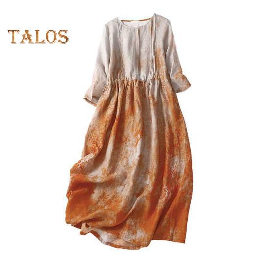 

Женское летнее льняное платье больших размеров, повседневное платье-миди с цветочным принтом и круглым вырезом, рукавом 3/4, свободное струящееся пляжное платье-сарафан M оранжевый