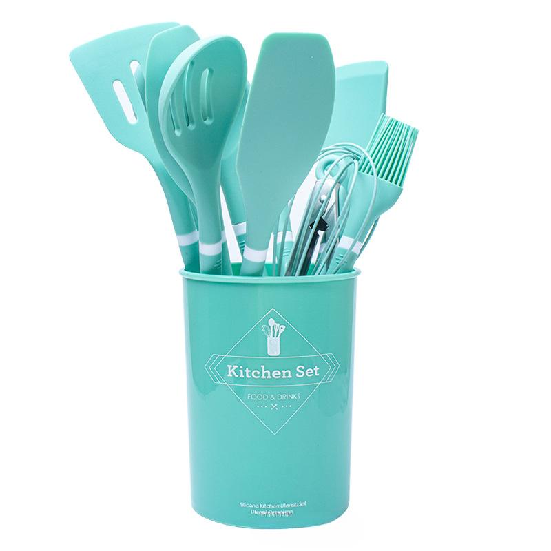 12 szt./zestaw silikonowych przyborów kuchennych z drewnianym uchwytem do przechowywania, wiadro odporne na wysokie temperatury i nieprzywierające, szpatułka do garnka, łyżka