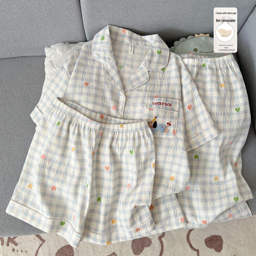 Women's Summer Cartoon Pajama Set: Short-Sleeved, Thin, 3-Piece with Chest Pads Suitable for Home or Outdoor Wear